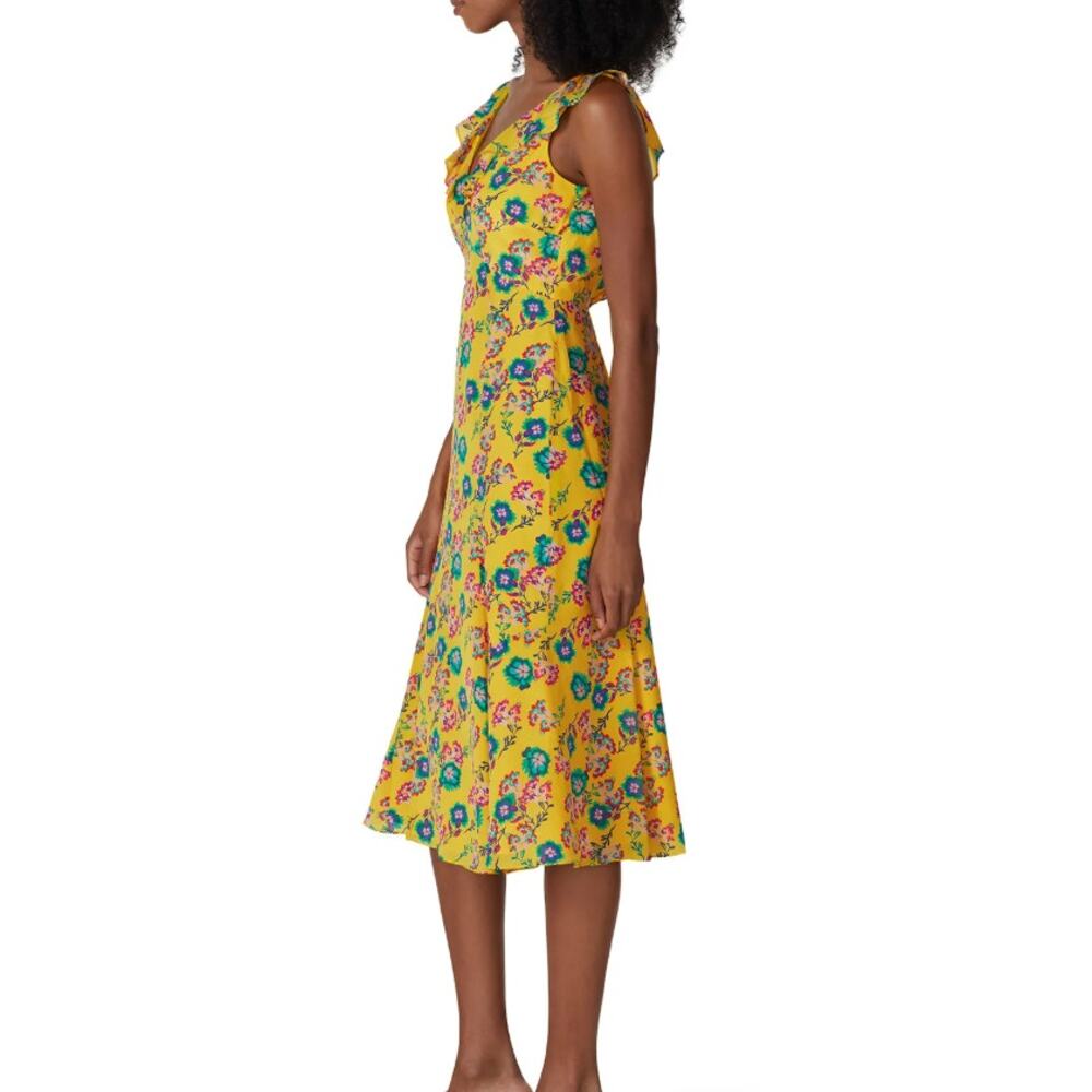 Saloni Holly Midi Dress Silk Crepe De Chine yellow floral flounce ruffle size 8 - Picture 2 of 7